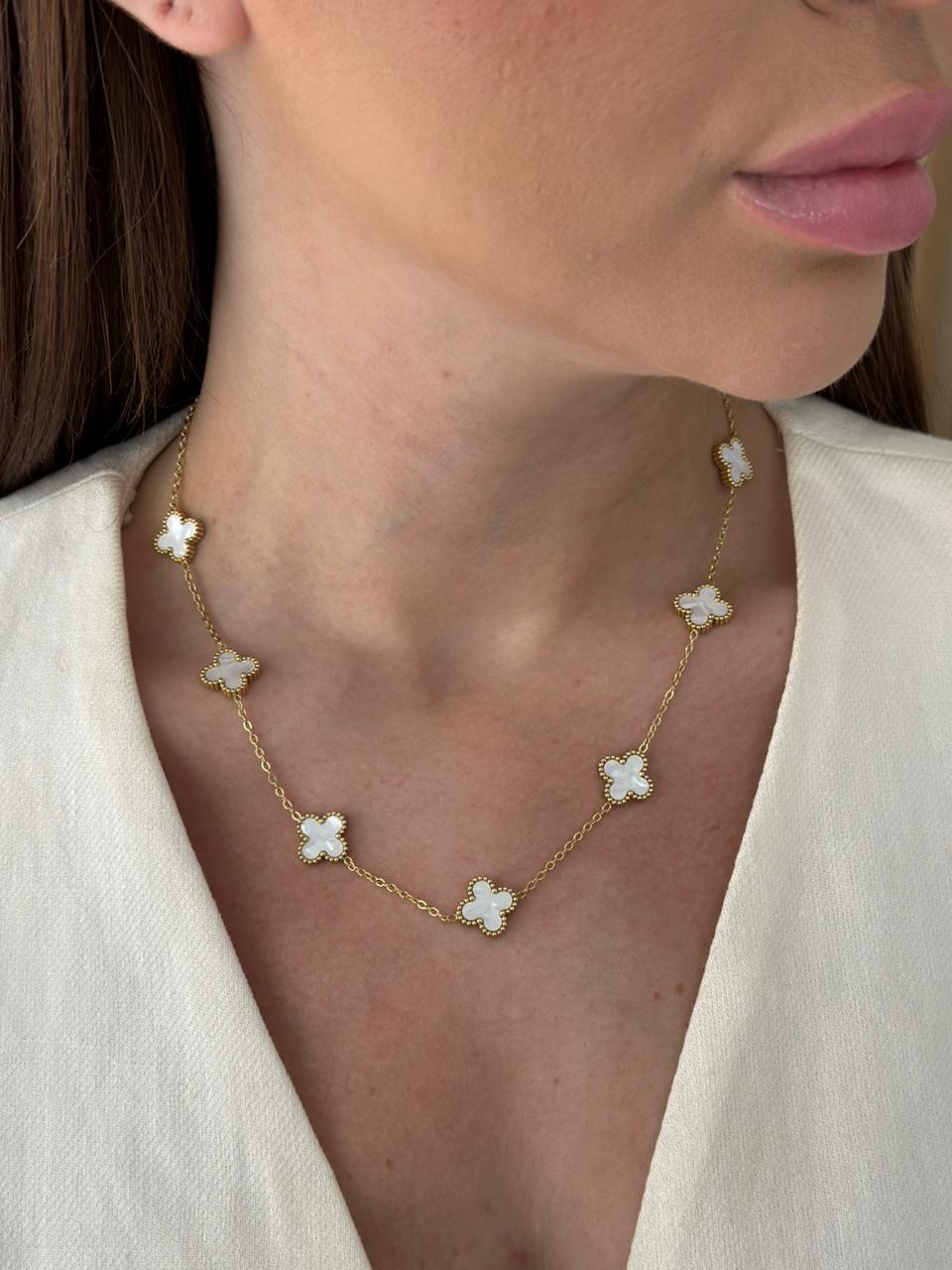 Colar Aço Inoxidável 7 Trevos Branco