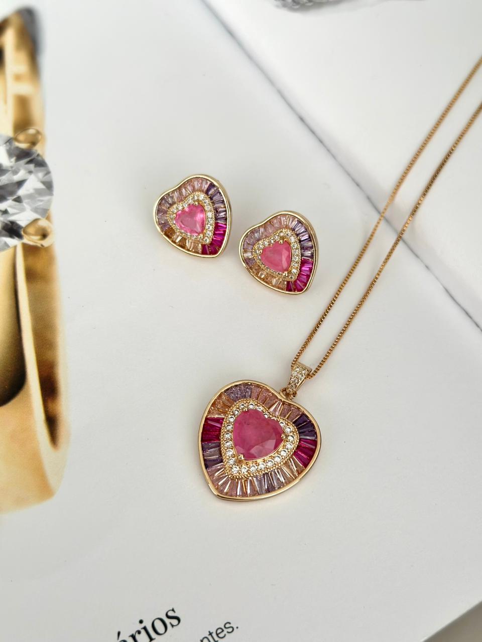 Conjunto Coração Pink Colors Folheado a Ouro18K