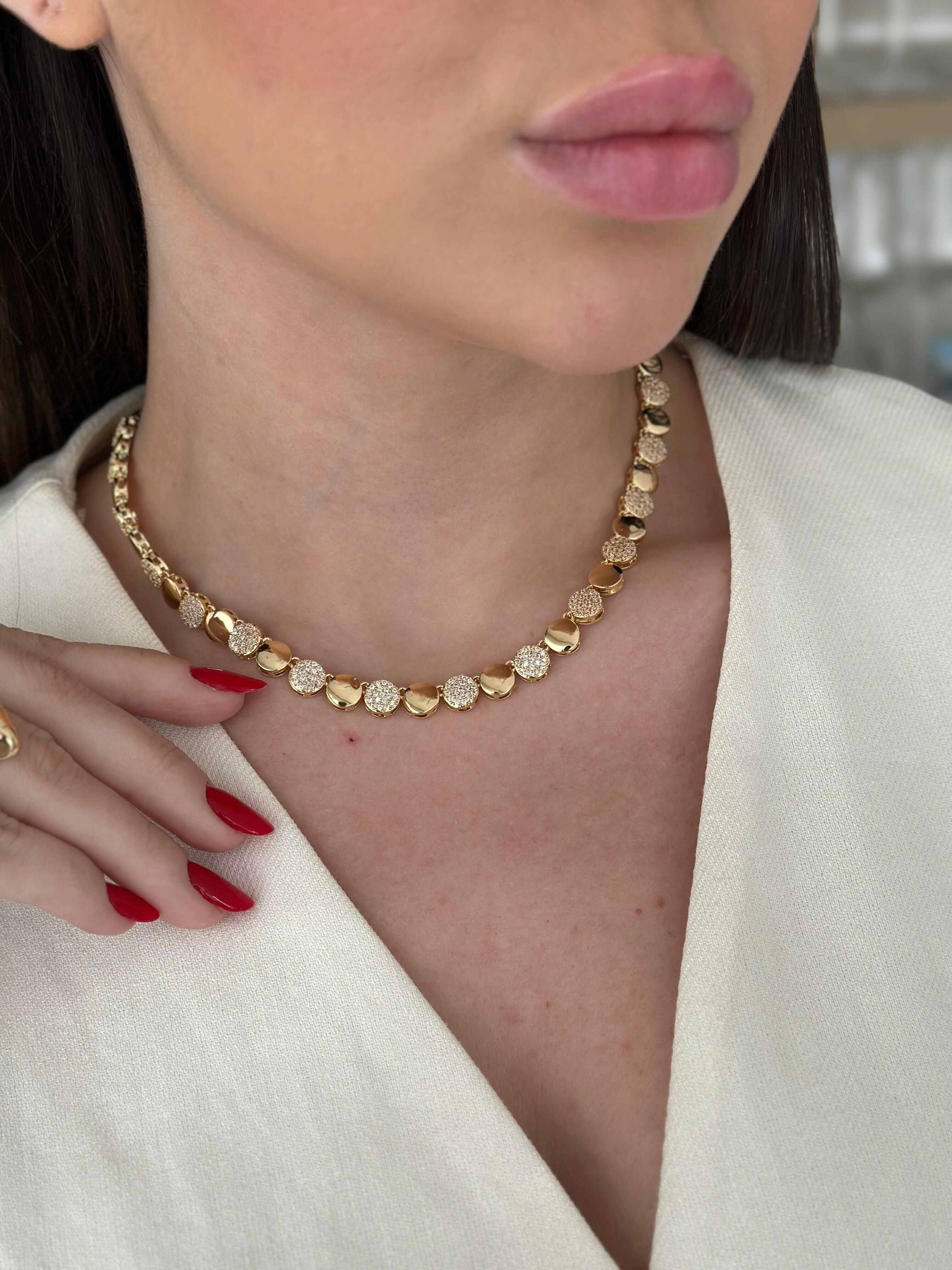 Riviera Folheada a Ouro 18K Esferas Cravejadas e Lisas